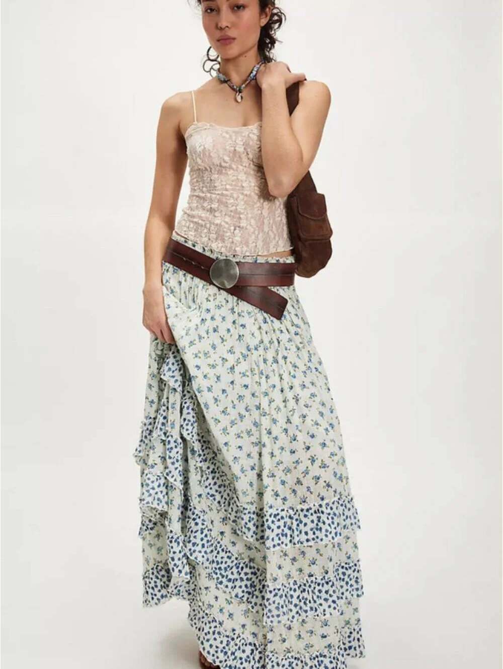 Free People Brynn Micro Floral Tiered Maxi Skirt Sz M Boho Festival Cottage